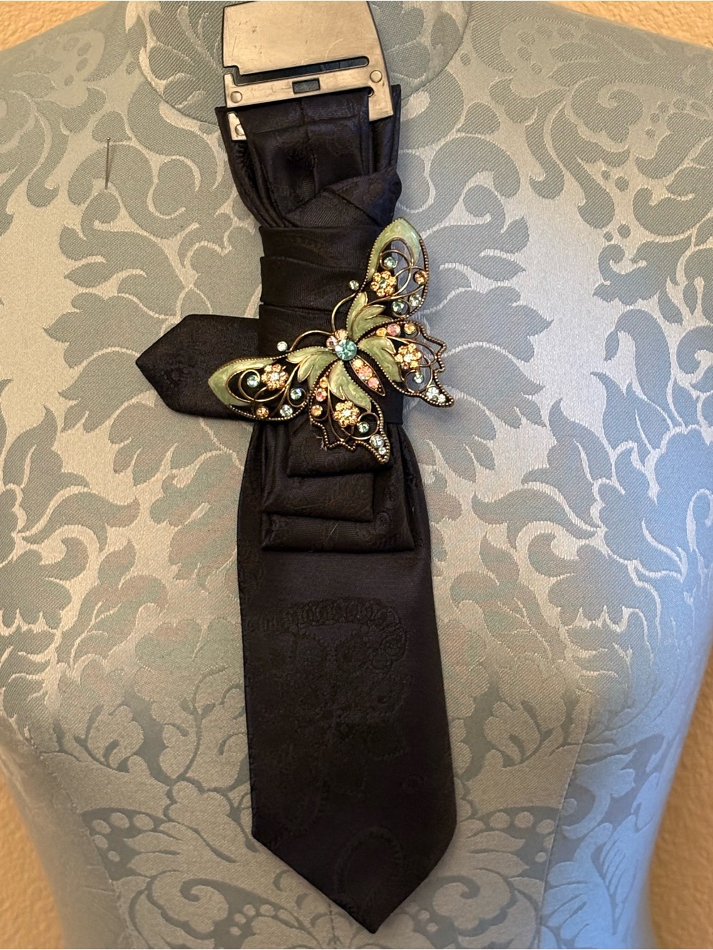 Necktie necklace with Butterfly brooch.  - Black and Green Accent